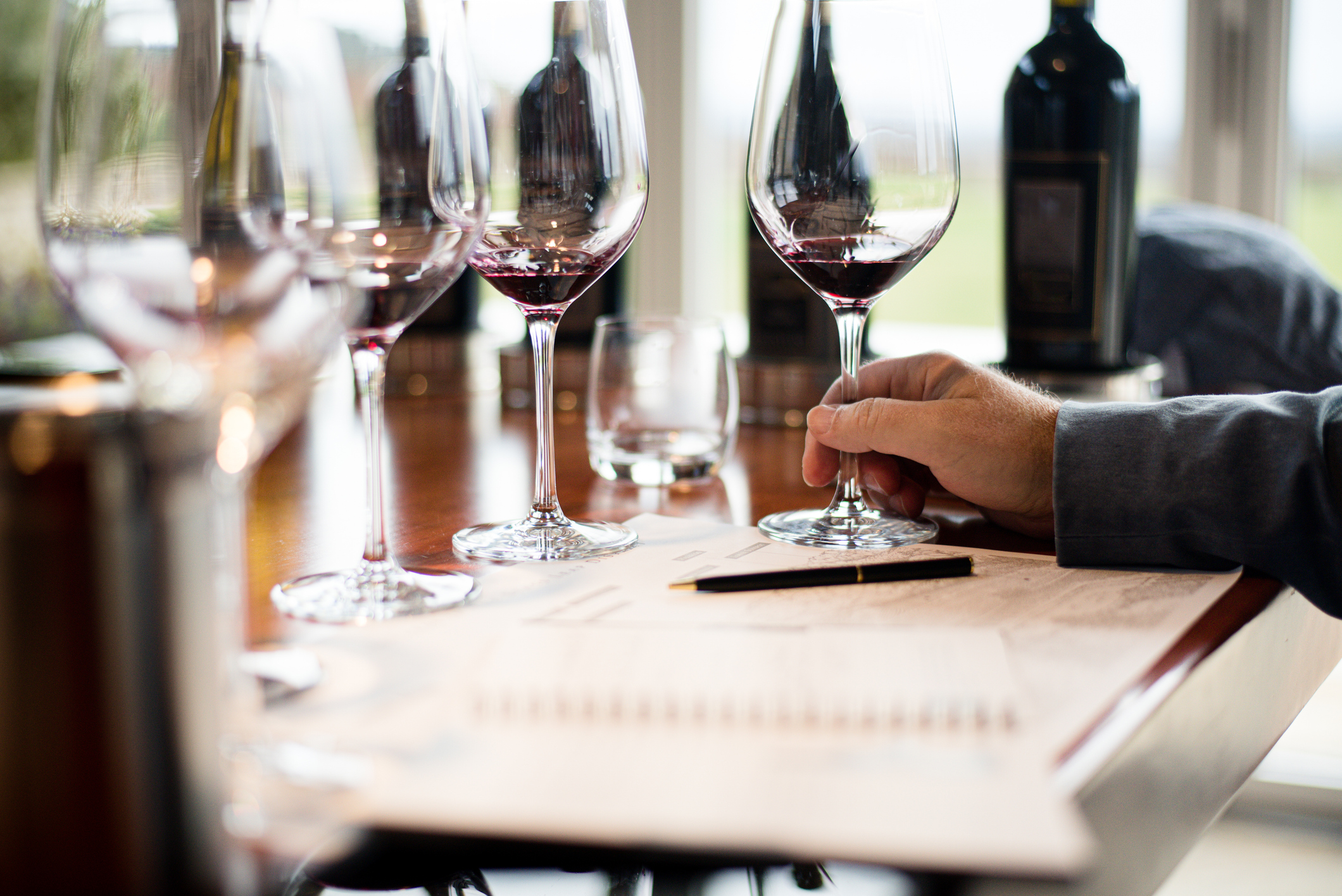 hand holds wine glass at wine tasting